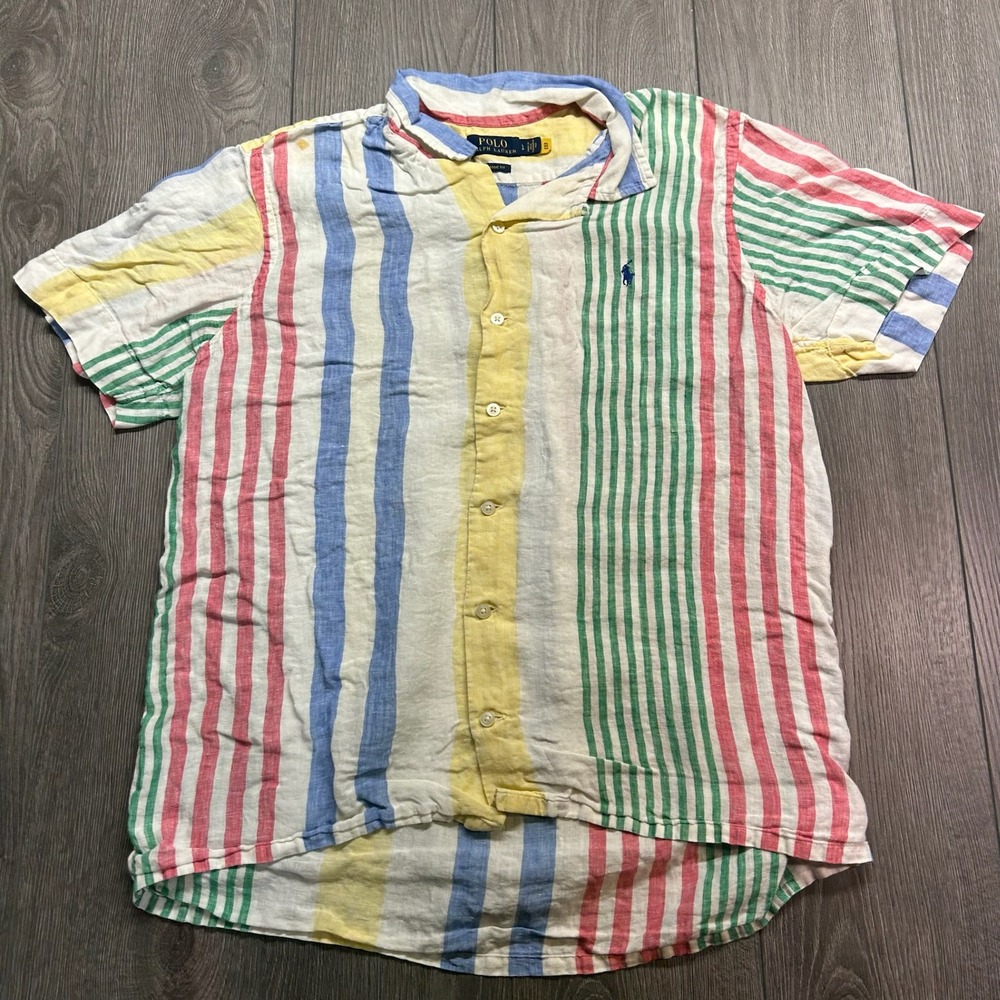 Polo Ralph Lauren Mens Linen Large Rainbow Stripe Short Sleeve Loop Collar Shirt